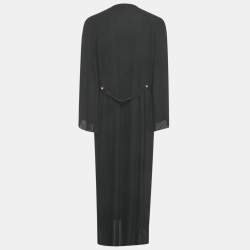 Pre Owned Hermes Black Plisse & Leather Trim Midi Dress M