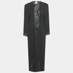 Pre Owned Hermes Black Plisse & Leather Trim Midi Dress M