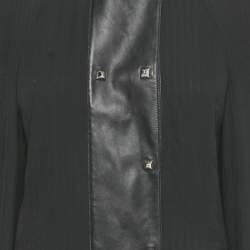 Pre Owned Hermes Black Plisse & Leather Trim Midi Dress M