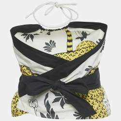 Pre Owned Hermes White/Yellow Leopard Print Cotton Halter Neck Scarf Top M