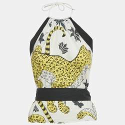 Pre Owned Hermes White/Yellow Leopard Print Cotton Halter Neck Scarf Top M