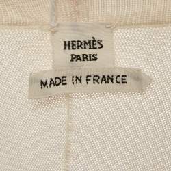 Pre Owned Hermes Navy Beige Printed Silk and  Knit Open Front Cardigan M