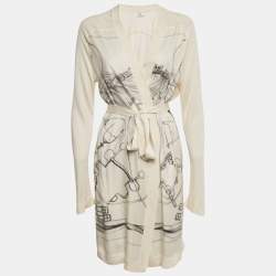 Pre Owned Hermes Navy Beige Printed Silk and  Knit Open Front Cardigan M