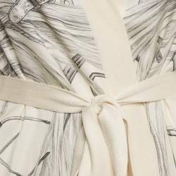 Pre Owned Hermes Navy Beige Printed Silk and  Knit Open Front Cardigan M