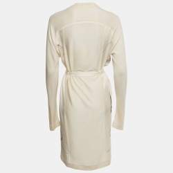 Pre Owned Hermes Navy Beige Printed Silk and  Knit Open Front Cardigan M