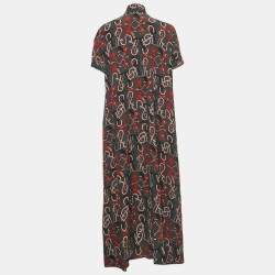 Pre Owned Hermes Grey Printed Silk Neck Tie Midi Dress M