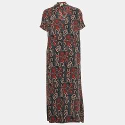 Pre Owned Hermes Grey Printed Silk Neck Tie Midi Dress M