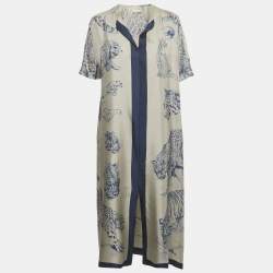 مملوكة مسبقًا Hermes Grey/Navy Blue Printed Silk Kimmo Midi Dress M