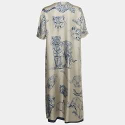 مملوكة مسبقًا Hermes Grey/Navy Blue Printed Silk Kimmo Midi Dress M