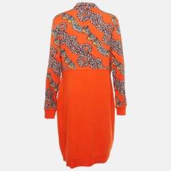مملوكة مسبقًا فستان هيرمس برتقالي حرير وصوف بطباعة بأزرار من الأمام مقاس كبير