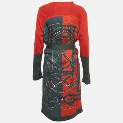 مملوكة مسبقًا Hermes Grey/Red Knit Printed Knit Belted Cardigan M