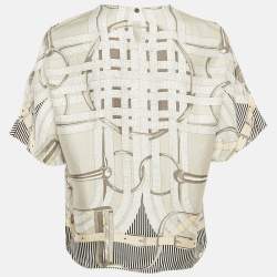 Pre Owned توب هيرمس حرير رمادي مطبوع مورس أ جوه مقاس متوسط