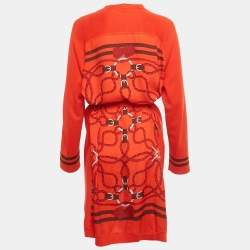 مملوكة مسبقًا Hermès Red Printed Silk and Knit Belted Cardigan L