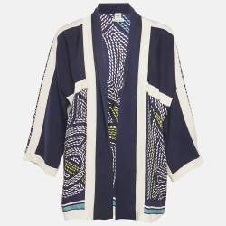 مملوكة مسبقًا Hermes Navy Blue Printed Silk & Knit Open Shrug M