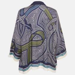 مملوكة مسبقًا Hermes Navy Blue Printed Silk & Knit Open Shrug M