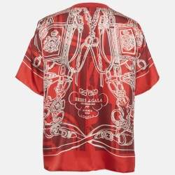 Pre Owned Hermes Red Printed Silk Top L