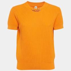 Pre Owned Hermes Orange Rib Knit Crew Neck Top M