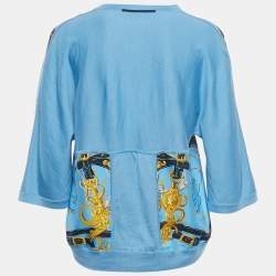 مملوكة مسبقًا قميص هيرميس ياقة على شكل V حرير مطبوع ومحبك أزرق مقاس متوسط