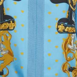 مملوكة مسبقًا قميص هيرميس ياقة على شكل V حرير مطبوع ومحبك أزرق مقاس متوسط