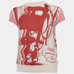 مملوكة مسبقًا توب هيرمس حرير مطبوع أحمر مقاس كبير (لارج)