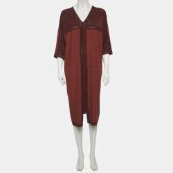 Pre Owned Hermes Brown Embroidered Sateen and Knit Dress Set S