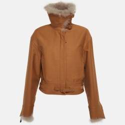 مملوكة مسبقًا جاكيت سحاب قطن مع ياقة فرو بني هيرمس مقاس متوسط