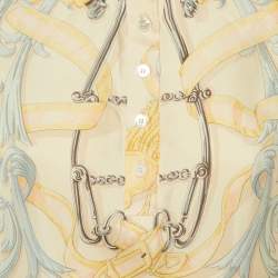 Pre Owned Hermes Vintage Cream Printed Silk & Knit Mandarin Collar Top M