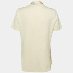 Pre Owned Hermes Vintage Cream Printed Silk & Knit Mandarin Collar Top M