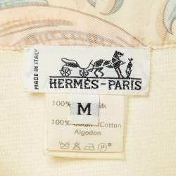 Pre Owned Hermes Vintage Cream Printed Silk & Knit Mandarin Collar Top M