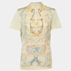 Pre Owned Hermes Vintage Cream Printed Silk & Knit Mandarin Collar Top M