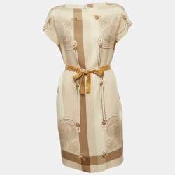 Pre Owned Hermès Beige Abstract Print Silk Belted Dress S