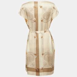 Pre Owned Hermès Beige Abstract Print Silk Belted Dress S