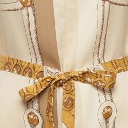 Pre Owned Hermès Beige Abstract Print Silk Belted Dress S