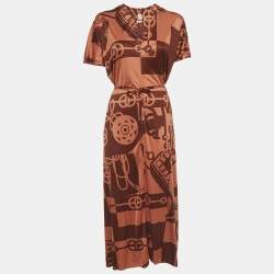 Pre Owned Hermès Brown Printed Jersey Midi Dress S
