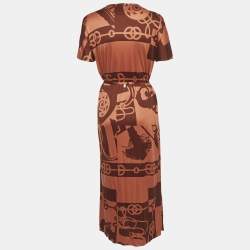 Pre Owned Hermès Brown Printed Jersey Midi Dress S
