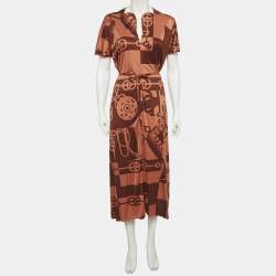 Pre Owned Hermès Brown Printed Jersey Midi Dress S
