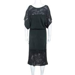 Pre Owned Hermes Bottle Green Crochet Knit Detail Tasseled Drawstring Dress M