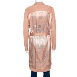 Hermes Peach Parure De Gala Print Cashmere & Silk Belted Cardigan S