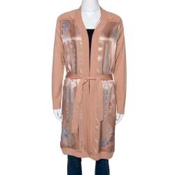 Hermes Peach Parure De Gala Print Cashmere & Silk Belted Cardigan S