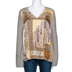 Pre Owned Hermes Grey Alpaca & Silk Floral Print Paneled Sweater M