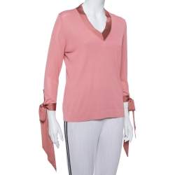 Pre Owned Hermes Pink Knit Sleeve Tie Detail Top L