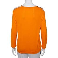 Pre Owned Hermes Orange Printed Silk & Knit Paneled Top M