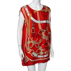Pre Owned Hermes Burnt Orange Printed Silk Sleeveless Oversized Tunic M