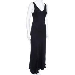 Pre Owned Hermés Black Silk Crepe Sleeveless V-neck Maxi Dress M