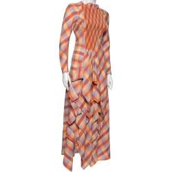 Pre Owned Hermes Orange Checkered Linen Asymmetric Ruffled Dress S 