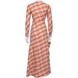 Pre Owned Hermes Orange Checkered Linen Asymmetric Ruffled Dress S 
