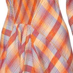 Pre Owned Hermes Orange Checkered Linen Asymmetric Ruffled Dress S 