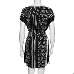 Pre Owned Hermes Black Printed Silk Belted Dress M