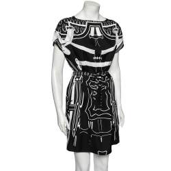 Pre Owned Hermes Black Printed Silk Belted Dress M