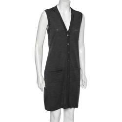 Hermes Charcoal Grey Wool Sleeveless Button Front Long cardigan M
